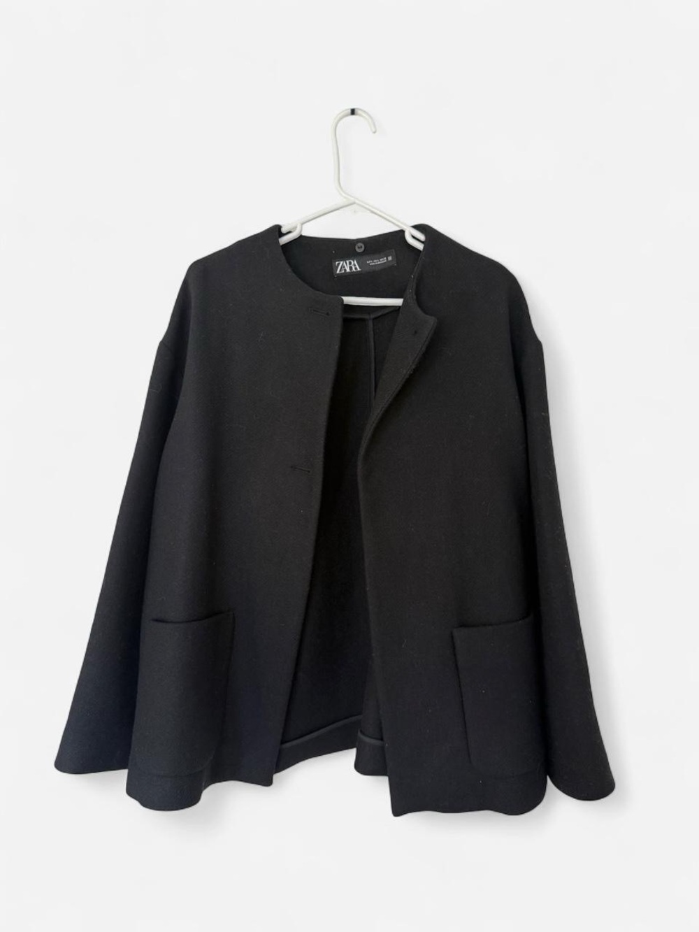 ZARA Black Minimal Round-Neck Pea Coat